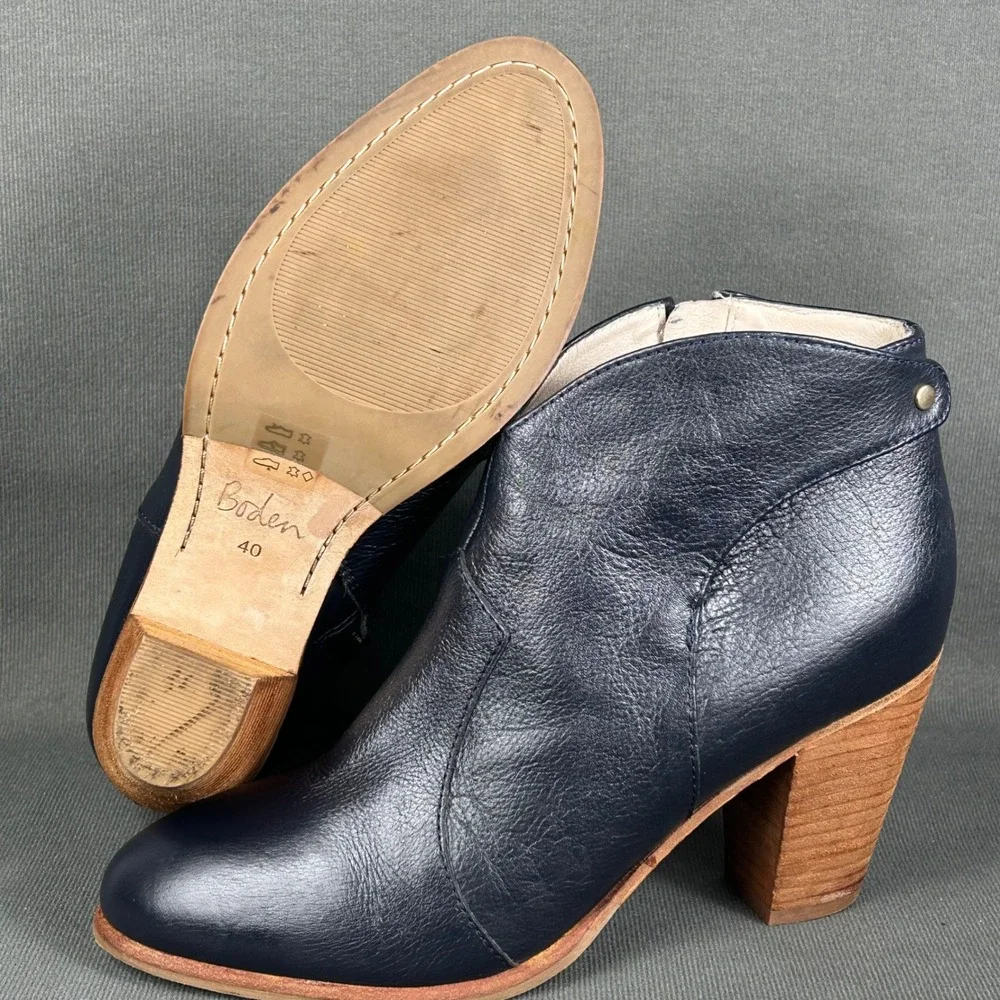 Boden Womens Navy Blue Leather Ankle Boots Stacked Block Heel 613071 Size 40‎